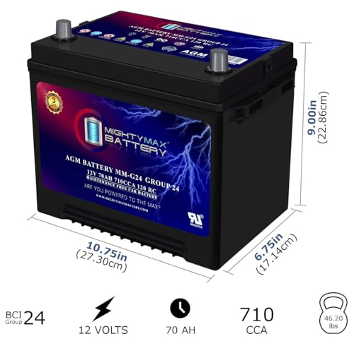 Mighty Max Battery MM-G24 Start and Stop Car BCI Group Size 24 12V 70Ah, 120RC, 710 CCA Rechargeable AGM Car battery - style: Group 24