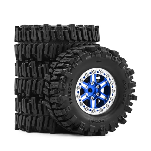 RCMMTING1.3" Wheels and Tires Set 64mm (2.52in) for SCX24 TRX4M 1/24 1/18 RC Crawler – Upgrade Parts (Blue, 4Pcs) - color: blue