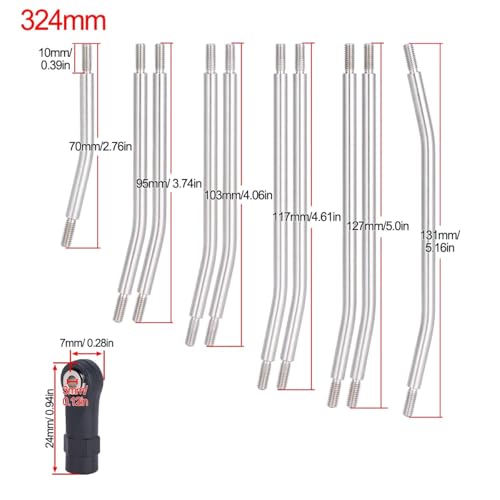 10Pcs Stainless Steel Links Rod Set with Ball End 313/324mm Wheelbase for 1/10 RC Crawler Car Axial SCX10 II 90046 Upgrade Parts (324mm)
