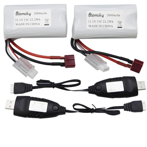 Blomiky 2 Pack T Plug 11.1V 3S 15C 2000mAh 22.2Wh Lithium-ion Battery and USB Cable Suitable for 2104 and R608 RC Boat / R608 Battery 2