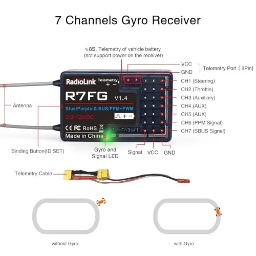 R7FG Channle 2.4G Gyro RC Receiver Car Voltage Transmission Telemetry 600m Long Range RX for Crawler Drifting Car - style: R7FG