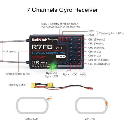 R7FG Channle 2.4G Gyro RC Receiver Car Voltage Transmission Telemetry 600m Long Range RX for Crawler Drifting Car - style: R7FG