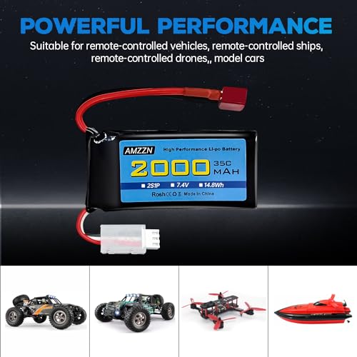 7.4V 2000mAh 35C 2S Lipo Battery with T-Plug and USB Charging Cable for 300E 9200E 9201E 9206E M416 H16PL 903A HP162S HM124 RC Car, RC Ship Drone Battery
