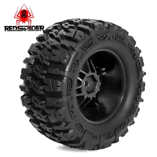 REDSPIDER 1/14 RC Monster Truck Wheel Rim Tires (4pcs) Hex 12mm OD 3.54'' for 1/12 1/14 1/16 RC Off Road Monster Truck TRX E-REVO Summit HPI SAVAGEGT-2XS REDCAT Volcano-16 (Black) - color: Black