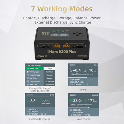 Gens ace iMars D300 Plus Dual Channel 1-6S Smart LiPo Battery Charger | 300W AC/700W (350W*2) 16A DC Balance Charger, Bluetooth App Setting for 1-6S Lipo/Li-ion/LiHV/Life/NiMH BatteryCharging Black