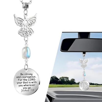 1 PC Angel Rear View Hanging Charm, Angel Wings Rear View Mirror Charm Ornament, Stainless Steel Car Interior Hanging Decoration Accessories, Universal for Most Cars and Home (Silver)