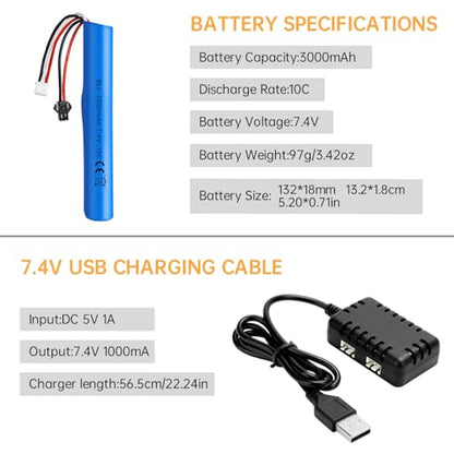 2PCS 7.4V 10C 3000mAh with SM-2P Plug with 2-in-1 Charger for MP5K M4 M110 SRB1200 SRB400 SRB400-SUB Airsoft Gel Bead Toy Gun Remote Control Toy Car Battery