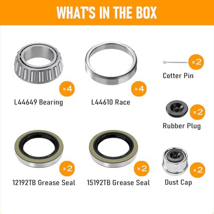 2 Sets Trailer Wheel Bearing Kits L44649 L44610 for 2000-2200 lb Axles | Includes L44649/L44610 Bearings, 12192TB & 15192TB Double Lip Grease Seals, Fits 1-1/16" Straight Spindles and 5-Lug Hubs - size: L44649 L44610-Set of 2