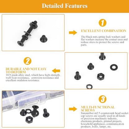 565 Pieces M2.5 Screws Nuts Washers Set Black, Sutemribor M2.5 x 4/6/8/10/12/16/20mm Countersunk Head Socket Cap Screws Nuts Washers Assortment Kit, 10.9 Grade Alloy Steel, Fully Threaded - size: M2.5, style: Countersunk Head Socket Cap