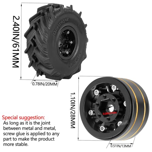 RC Full Brass 1.0in Beadlock RC Wheel RC Tires for 1/18 1/24 Trx4m Axial SCX24 RC Crawler, 1.0“RC Metal Wheel Hub Rim RC Truck Tires 4pcs