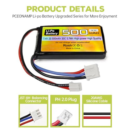 2PCS 7.4V 500mAh 30C Lipo Battery RC Car Drone Battery with PH2.0 Plug with 2-in-1 Charger for AX24 SCX24 RC Car Model Batteries Compatible with Most 1/10, 1/16, 1/18, 1/24 Scale RC Cars Trucks