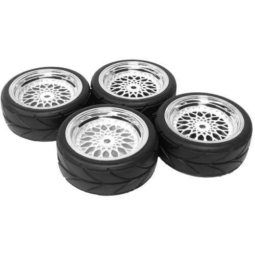 4PCS 64mm Rubber Tires and Plastic Wheel Rims Set 12mm Hex Replacement Part for Sakura Tamiya TT02 HPI HSP Kyosho 1/10 RC On Road Run-flating Touring Racing Car Tyre(Silver,Offset:6MM) - color: Silver, size: Offset:6mm