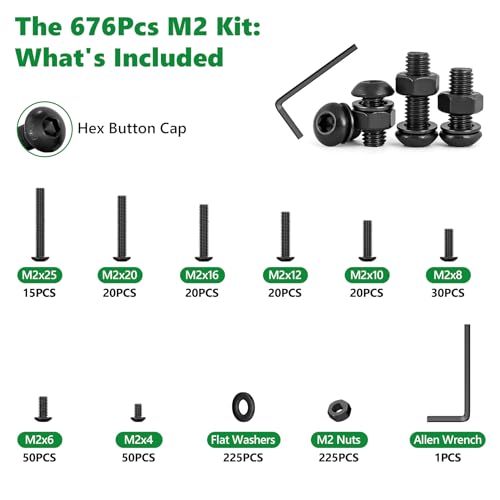 676PCS M2 Screw Assortment Kit, 10.9 Alloy Steel Hex Button Cap Bolts | M2x4/6/8/10/12/16/20/25mm, With Nuts & Flat Washers & Lock Washers & Wrench, Black Zinc Plated , for 3D Printing, DIY, Home - size: M2 676pcs 2