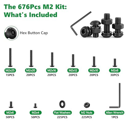 676PCS M2 Screw Assortment Kit, 10.9 Alloy Steel Hex Button Cap Bolts | M2x4/6/8/10/12/16/20/25mm, With Nuts & Flat Washers & Lock Washers & Wrench, Black Zinc Plated , for 3D Printing, DIY, Home - size: M2 676pcs 2