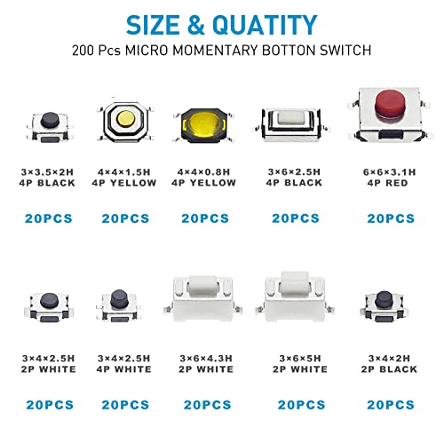 QTETAK 200 Pcs 10 Value Micro Momentary Tactile Push Button Switch Tact Assortment Kit | 10 Value, Includes 200 Pack - style: 200 Pcs 10 Value