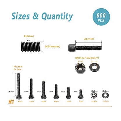 Kadrick Metric Screw Assortment, 660 Pcs M2 Screws, M2*4mm/6mm/8mm/10mm/12mm/16mm,12.9 Grade Alloy Steel, Metric Hex Socket Head Cap Screws Nuts Washers Kit, Black Zinc Plated Anti Rust Upgrade - size: M2 660Pcs