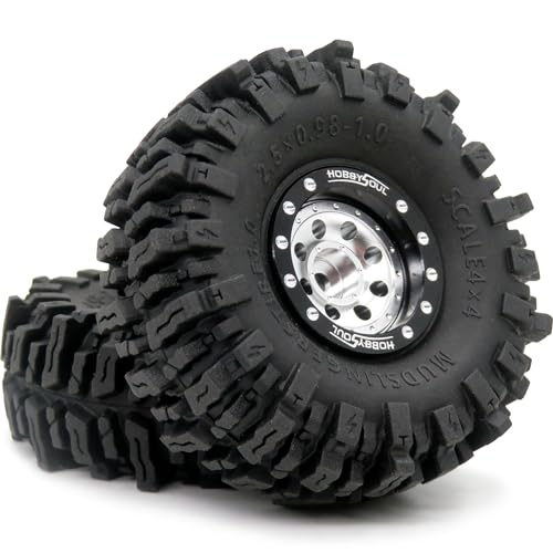 RC 64mm 1.0 Mud Slingers Tires Tyres & Metal 1.0 beadlock Wheels Adjustable Offset Rims, 1/18 1/24 Tires Wheels for RC Rock Crawler 1/18 TRX4M 1/24 SCX24 FCX24 - color: Black & Silver