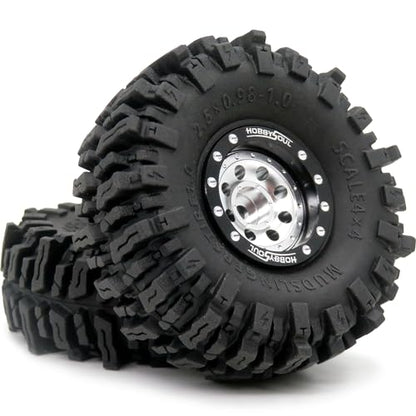 RC 64mm 1.0 Mud Slingers Tires Tyres & Metal 1.0 beadlock Wheels Adjustable Offset Rims, 1/18 1/24 Tires Wheels for RC Rock Crawler 1/18 TRX4M 1/24 SCX24 FCX24 - color: Black & Silver
