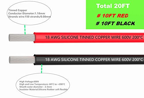 TUOFENG 18 AWG Silicone Wire Kit - 20ft (10ft Black/Red) Hook Up Cable | Ultra-flexible 18 AWG tinned copper wire (150 strands). High temp resistant (-60°C to 200°C). Easy to solder for RC & DIY. - size: 18 AWG Silicone Wire 2 Colors 10ft Each