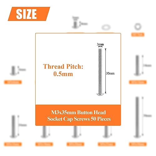 HELIFOUNER 50 Pieces M3 x 35mm, Thread Pitch 0.5mm, 304 Stainless Steel (18-8) Button Head Socket Cap Screws, Fully Threaded - size: M3 x 35mm