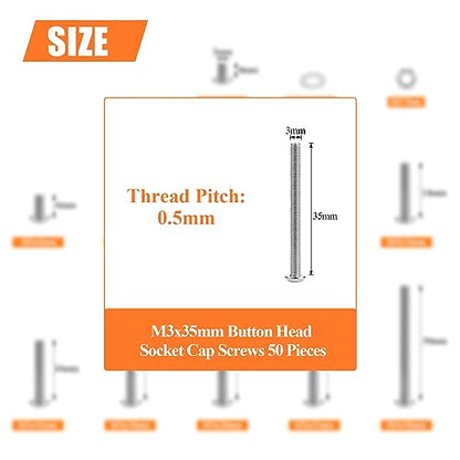 HELIFOUNER 50 Pieces M3 x 35mm, Thread Pitch 0.5mm, 304 Stainless Steel (18-8) Button Head Socket Cap Screws, Fully Threaded - size: M3 x 35mm
