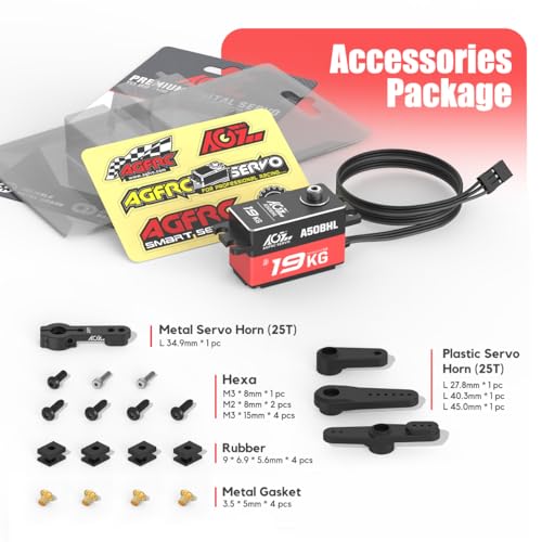 AGFRC 19KG Low-Profile Programmable-Digital-Servo - 0.073Sec High Speed Wateproof Full Metal Gear Brushless RC Servo with 25T Metal Servo Horn for 1/10 RC Car, 180 Degrees (A50BHLW)