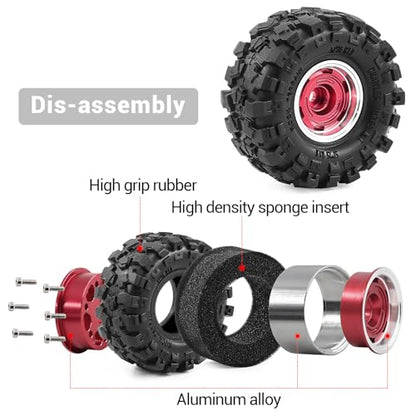 1.0" Beadlock Aluminum Wheels and 57mm Soft Rubber Tires | for SCX24, TRX4M, Ascent 18, FCX24, 1/18 1/24 RC Crawler, 7mm Hex, 0mm Offset, with Foam Inserts, (Red 101) - color: Red 101