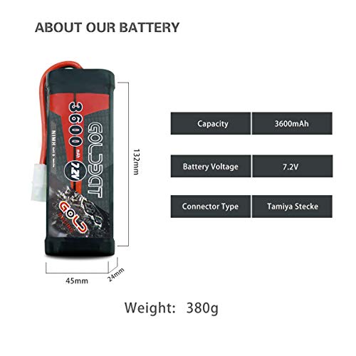 GOLDBAT 3600mAh 7.2V NiMH RC Battery with Tamiya Connector for for RC Evader BX Car Truck Truggy Buggy Tank Car Racing (3600-7.2V-Tamiya-2pack)
