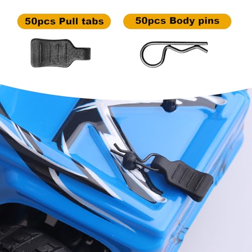 HobbyPark 50pcs Mini Clips R Pins with Pull Tabs for 1/24 1/28 1/36 Scale Micro Cars Compatible with Axial SCX24 Deadbolt 90081 B17 Betty Wrangler JLU CRC - size: 0.7mm Rod and Tabs