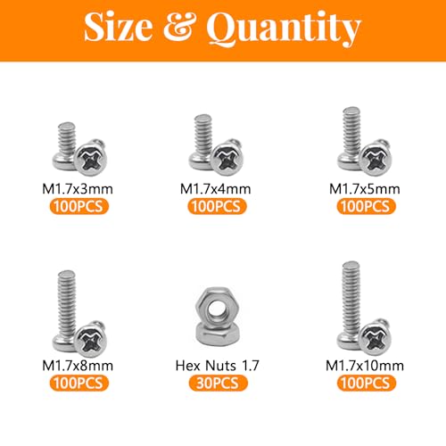 530Pcs 304 Stainless Steel Metric Micro Screws Nuts Assortment, M1.7x3/4/5/6/8mm Sizes, Phillips Pan Head, Fully Threaded Kit for Arduino, RC Models, Electronics, DIY Projects - size: M1.7x3/4/5/6/8-530Pcs