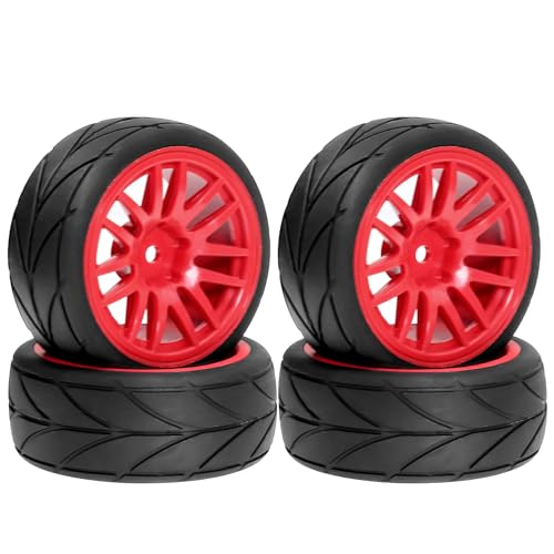 1/10 RC On Road Tires OD 2.56" and Hard Plastic Rally Wheels Rims 12mm Hex for 1:10 Scale Street Racing Touring Drift Car Tamiya TT01 TT02 Traxxas XV02 XV01 TA06 HPI KYOSHO PTG2 4PCS (Red) - color: Red
