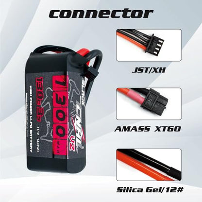 CNHL 1300mAh 3S LiPo Battery 11.1V 130C with XT60 Plug (2 Packs) | High discharge 3S LiPo battery for FPV racing drones, freestyle quadcopters, RC airplanes, helis, and boat models.