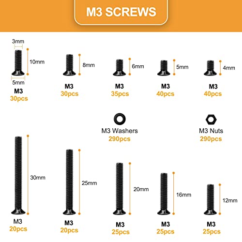 VIRGUE 870Pcs M3 Flat Head Phillips Machine Screws Black, M3 x 4/5/6/8/10/12/16/20/25/30mm Countersunk Metric Machine Screws Assortment Kit - size: M3 Phillips