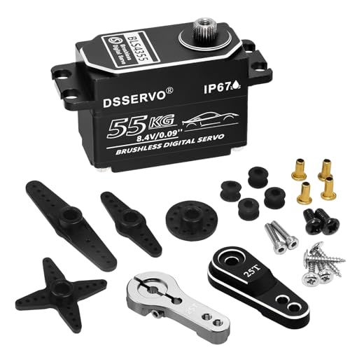55kg Low Profile Brushless Servo with 2PCS 25T Servo Horn All Metal IP67 Waterproof Digital Servo High Torque Fast Steering Servo for 1/8 1/10 1/12 1/14 RC Car, 180°