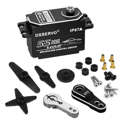 55kg Low Profile Brushless Servo with 2PCS 25T Servo Horn All Metal IP67 Waterproof Digital Servo High Torque Fast Steering Servo for 1/8 1/10 1/12 1/14 RC Car, 180°