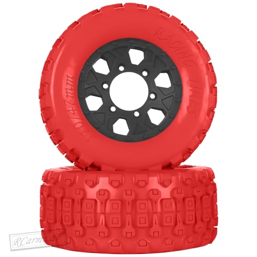 RC 1/10 Short Course Tires with 12MM 14MM 17MM Hex Compatible with Arrm a Senton,Axia1,Slash 2WD/4×4 4WD,Red cat, RC 4WD,Heavy Duty High Grip Rubber Tires w/Plastic Wheels,Red&Black - color: Red&black(4pcs)