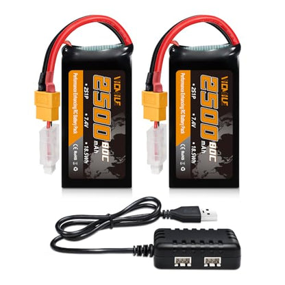 2S Lipo Battery 2500mAh 7.4V 80C High Discharge Rate Shorty Pack RC Batteries with XT60 Plug Fit for RC Airplane FPV Quadcopter Helicopter Drone Racing RC Hobby Model with 1TO2 Charger - style: XT60