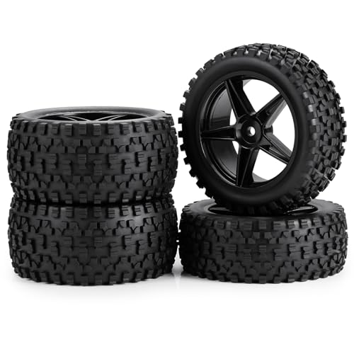 4Pack 12mm Hex Wheel 5 Spoke Rims High Grip Rubber Tires Front Rear Tyres for 1/10 RC Off-Road Buggy Car (Black)
