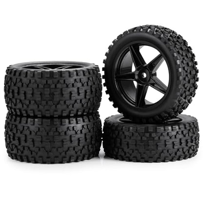 4Pack 12mm Hex Wheel 5 Spoke Rims High Grip Rubber Tires Front Rear Tyres for 1/10 RC Off-Road Buggy Car (Black)