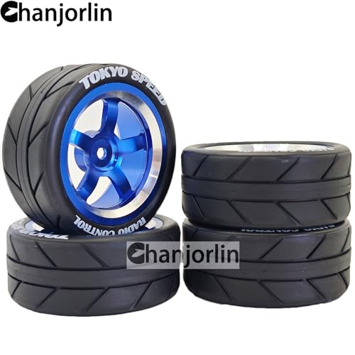1/10 On Road Racing Tires And 5-Spoke Aluminum Wheels 12mm Hex OD 2.56" RC Touring Tyres For 1:10 Rally Street Drift Car Tamiya TT01 TT02 XV01 A959 PTG2 KYOSHO HSP Traxxas 4PCS (Blue) - color: Blue