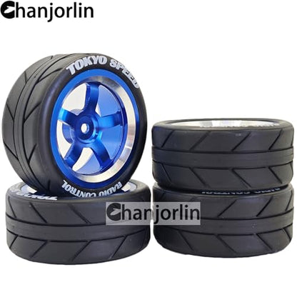 1/10 On Road Racing Tires And 5-Spoke Aluminum Wheels 12mm Hex OD 2.56" RC Touring Tyres For 1:10 Rally Street Drift Car Tamiya TT01 TT02 XV01 A959 PTG2 KYOSHO HSP Traxxas 4PCS (Blue) - color: Blue