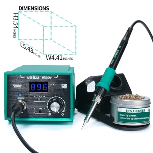 YIHUA 939D+ Digital Soldering Station, 75W Equivalent with Precision Heat Control (392°F to 896°F) and Built-in Transformer. ESD Safe, Lead Free with °C/°F display (Green) - color: Green