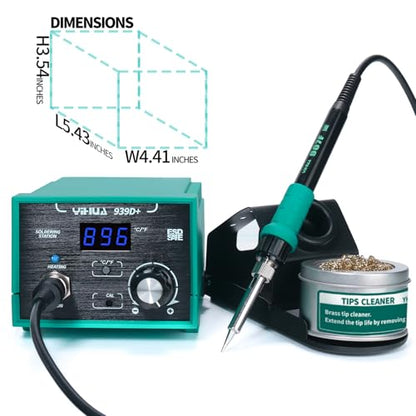 YIHUA 939D+ Digital Soldering Station, 75W Equivalent with Precision Heat Control (392°F to 896°F) and Built-in Transformer. ESD Safe, Lead Free with °C/°F display (Green) - color: Green