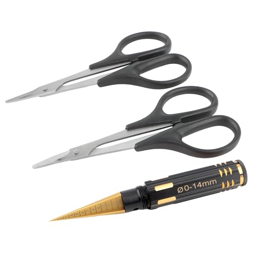 RC Body Reamer 0-14mm Hole Puncher with Sleeve & Curved & Straight Scissors & 8 Pieces Body Clips Set Cars Body Mounting for RC Vehicle Truck Plastic Body Shell Cover Repair Tools (Gold)