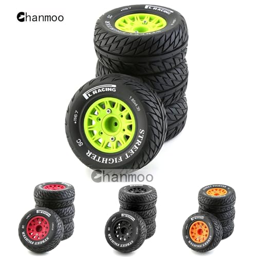1/10 RC Short Course Truck Tires And Wheels With 12mm 14mm 17mm Hex 113mm 1/8 Rubber Tyres For 1/8 or 1/10 Scale On Road Car HSP Sonic 94102 GT PTG-2 Tamiya TT02 RC Racing Car 4PCS (Green B) - color: Green B