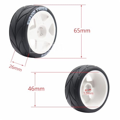 4PCS RC 1/10 On-Road Tires 65mm RC Rubber Tires w/Plastic Wheel Rim 12mm Hex Fit for 1/10 RC On-Road Rally Car HPI Tamiya TT01 TT02 Kyosho Wltoys 144001 - color: White 2