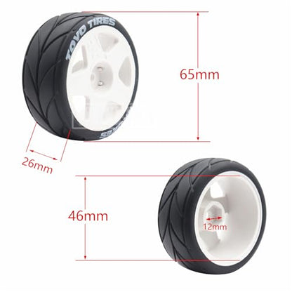 4PCS RC 1/10 On-Road Tires 65mm RC Rubber Tires w/Plastic Wheel Rim 12mm Hex Fit for 1/10 RC On-Road Rally Car HPI Tamiya TT01 TT02 Kyosho Wltoys 144001 - color: White 2