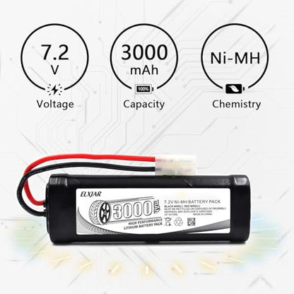 (2-Pack) 7.2V 3000mAh Ni-MH Battery with Tamiya Plug for RC Models | 8C battery for RC cars, airplanes, helicopters, boats, quadcopters and UAVs; includes 4.8V–12V Ni-MH/Ni-Cd charger. - color: 7.2V 3000mAh Tamiya Plug