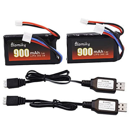 Blomiky 2 Pack 7.4V 850mAh Lipo Rechargeable Battery with PH2.0 Plug and USB Cable Suitable for 1/24 SCX24 RC Truck / SCX24 and USB 2