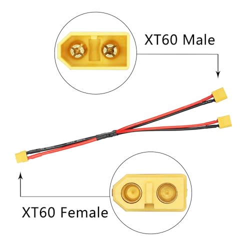 XT60 Parallel Battery Connector Cable, 12AWG XT60 Y Splitter Adapter Cable | 2Pcs XT60 RC Lithium Paralle Power Cord 1FT, 1 Female to 2 Male Y Splitter Adapter Cable, Plug and Play, for RC Multicopter - style: XT60 1 Female to 2 Male Cable
